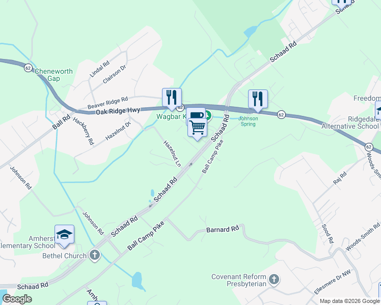 map of restaurants, bars, coffee shops, grocery stores, and more near 4651 Schaad Road in Knoxville