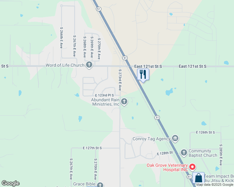 map of restaurants, bars, coffee shops, grocery stores, and more near 12345 South 272nd Avenue in Coweta