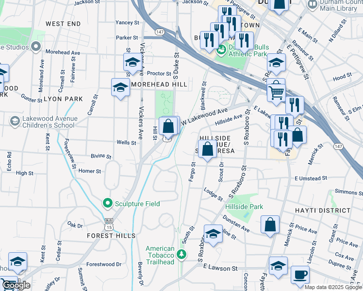 map of restaurants, bars, coffee shops, grocery stores, and more near 1000 Fargo Street in Durham