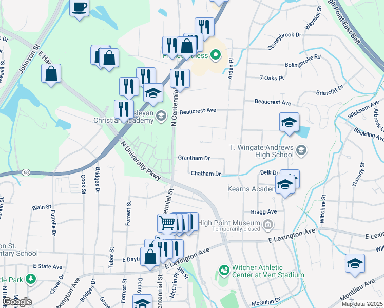 map of restaurants, bars, coffee shops, grocery stores, and more near 1401 Grantham Drive in High Point