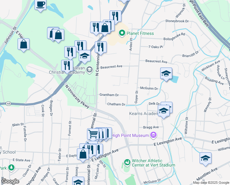 map of restaurants, bars, coffee shops, grocery stores, and more near 1409 Grantham Drive in High Point