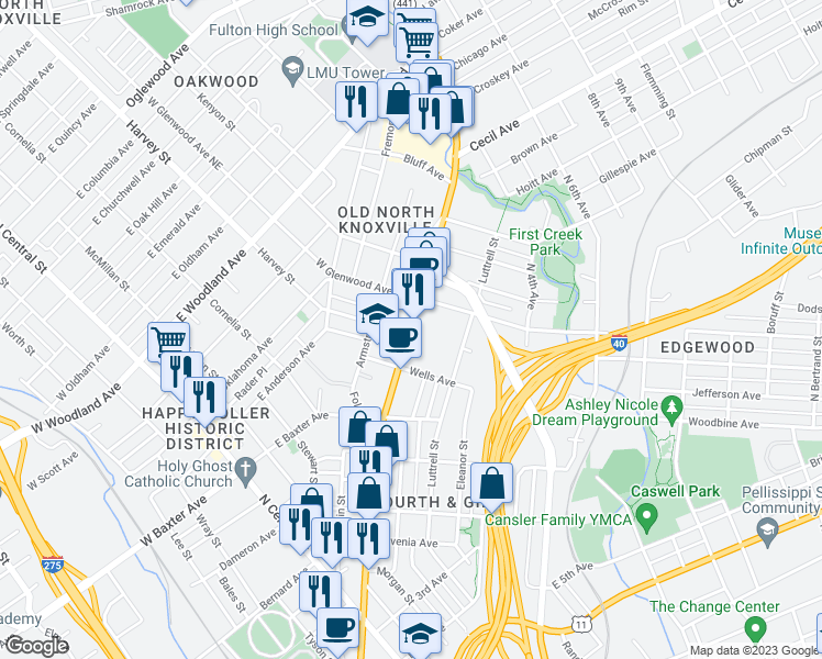 map of restaurants, bars, coffee shops, grocery stores, and more near 1300 North Broadway in Knoxville