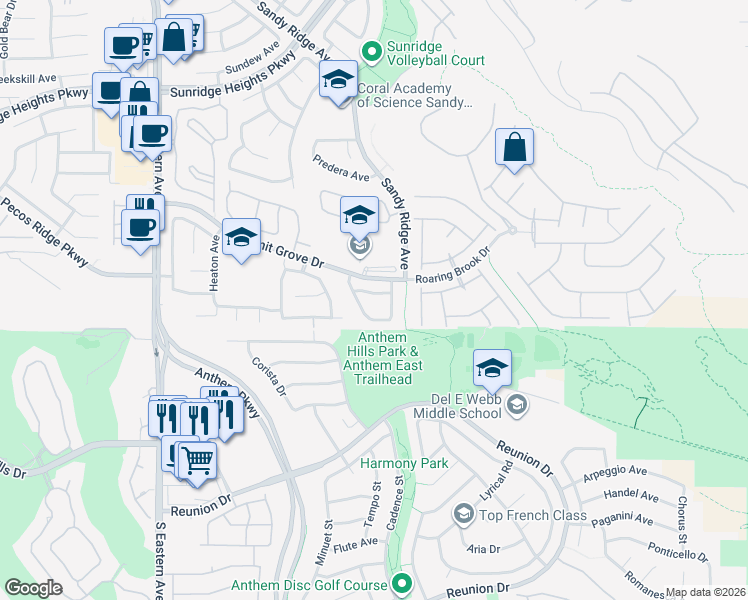 map of restaurants, bars, coffee shops, grocery stores, and more near 2309 Cut Bank Trail in Henderson