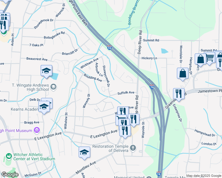 map of restaurants, bars, coffee shops, grocery stores, and more near 2609 Suffolk Avenue in High Point