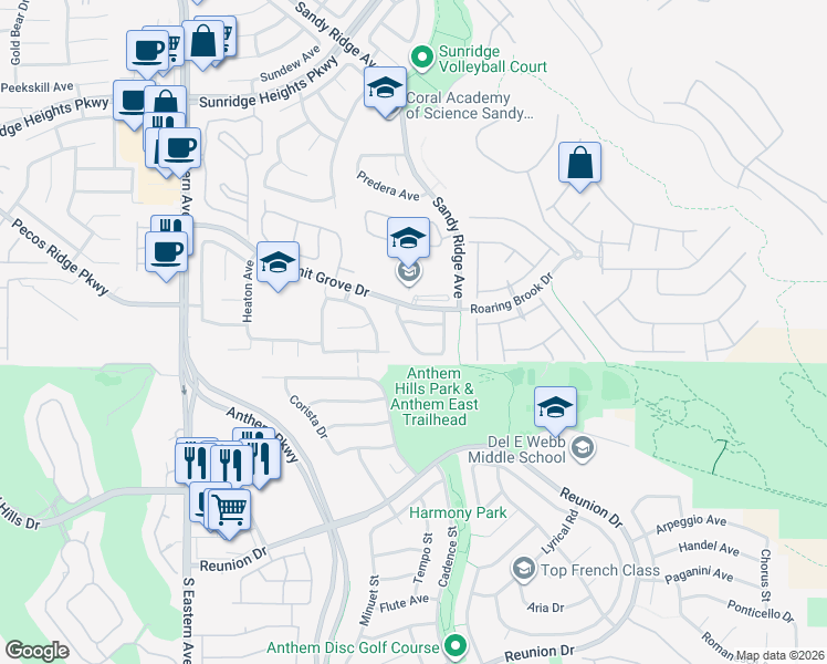 map of restaurants, bars, coffee shops, grocery stores, and more near 2328 Silver Crew Pass in Henderson