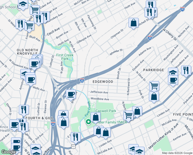 map of restaurants, bars, coffee shops, grocery stores, and more near 1530 East Glenwood Avenue in Knoxville