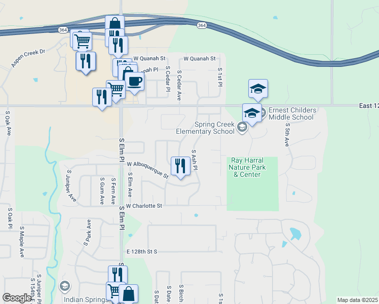 map of restaurants, bars, coffee shops, grocery stores, and more near 124 West Winston Street in Broken Arrow