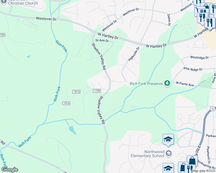 map of restaurants, bars, coffee shops, grocery stores, and more near 2215 Shadow Valley Road in High Point