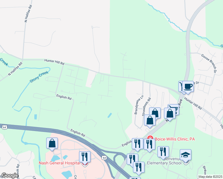 map of restaurants, bars, coffee shops, grocery stores, and more near 7204 Sunflower Road in Rocky Mount