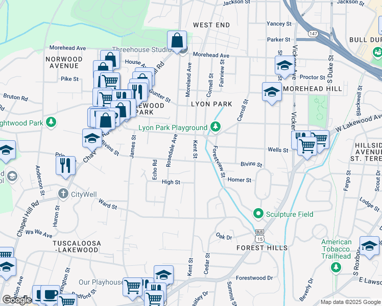 map of restaurants, bars, coffee shops, grocery stores, and more near 1310 Kent Street in Durham