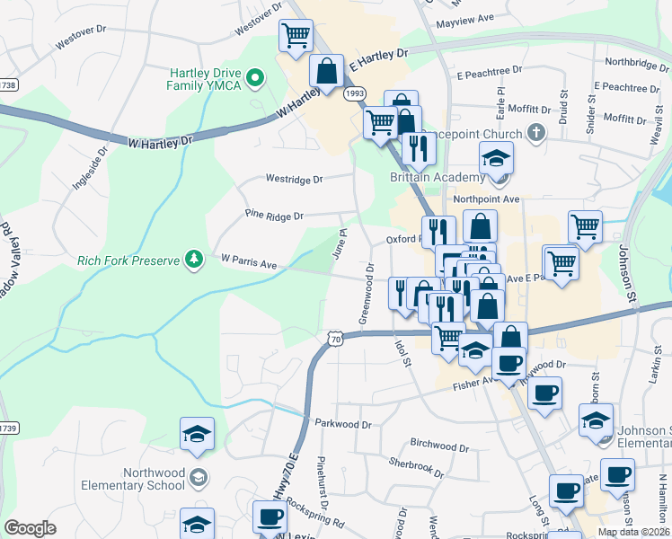 map of restaurants, bars, coffee shops, grocery stores, and more near 200 West Parris Avenue in High Point