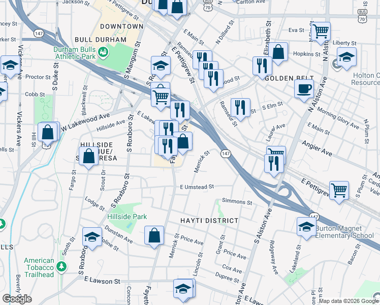map of restaurants, bars, coffee shops, grocery stores, and more near 19 Hayti Lane in Durham