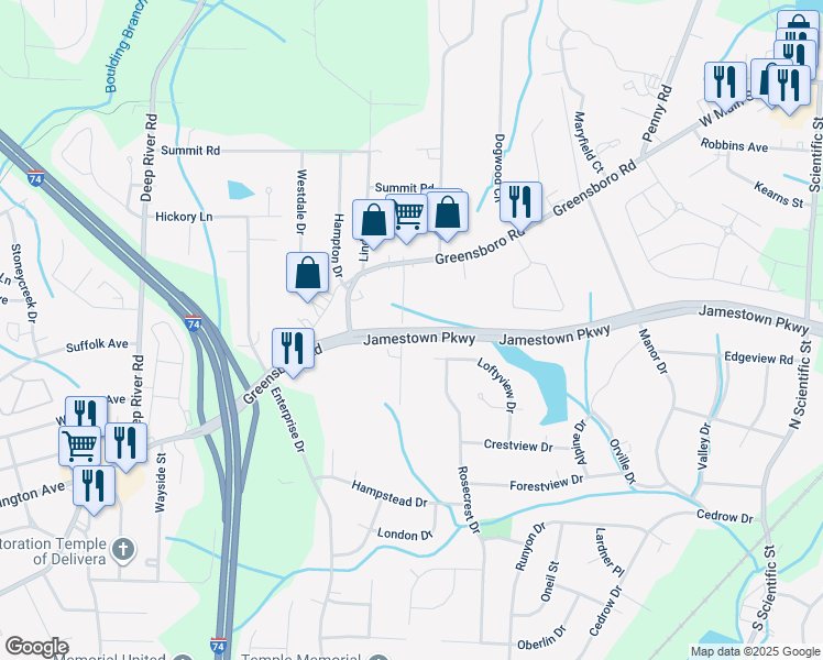 map of restaurants, bars, coffee shops, grocery stores, and more near 1350 Ring Street in High Point