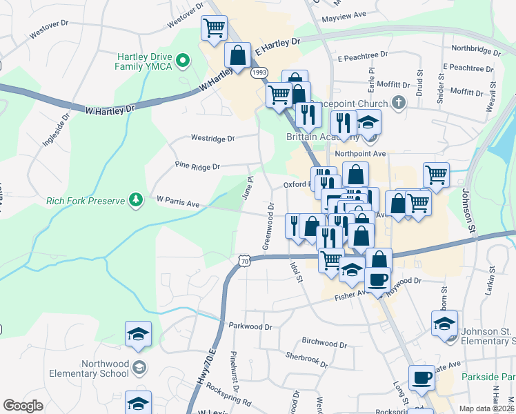 map of restaurants, bars, coffee shops, grocery stores, and more near 200 West Parris Avenue in High Point