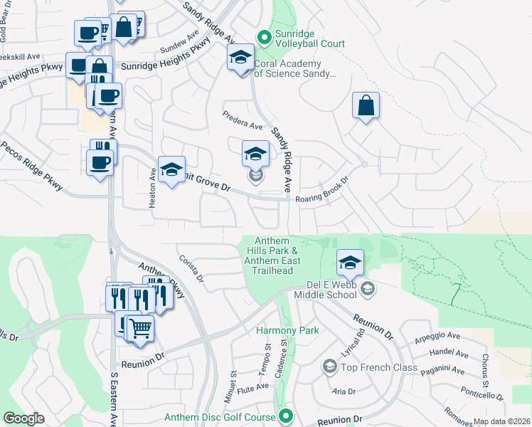 map of restaurants, bars, coffee shops, grocery stores, and more near 2309 Cut Bank Trail in Henderson