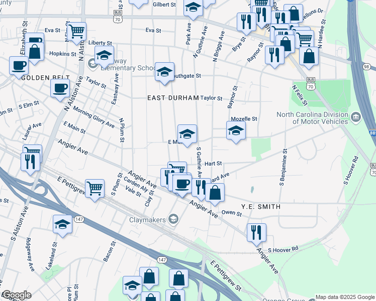 map of restaurants, bars, coffee shops, grocery stores, and more near 107 South Driver Street in Durham
