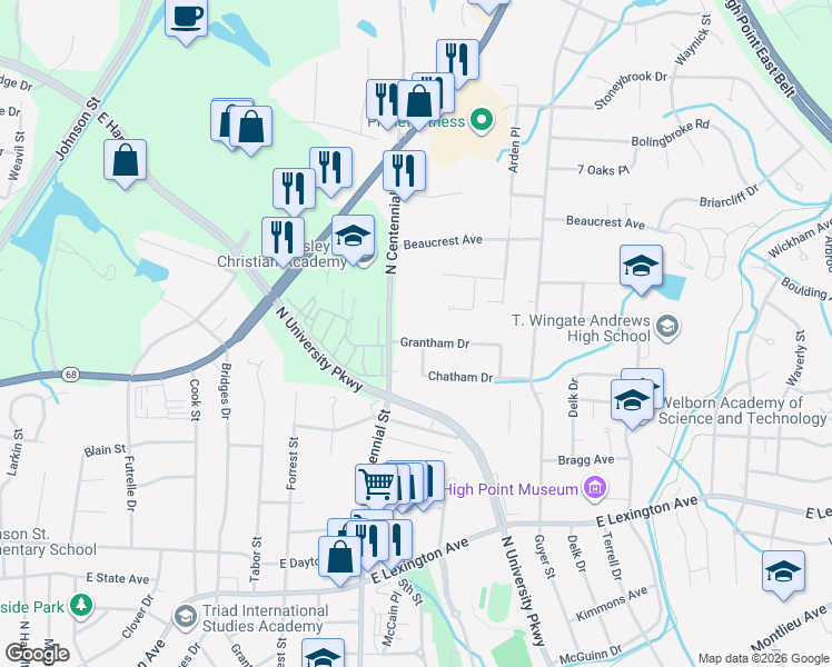 map of restaurants, bars, coffee shops, grocery stores, and more near 1307 Grantham Drive in High Point