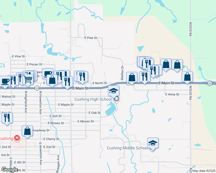 map of restaurants, bars, coffee shops, grocery stores, and more near 1601-1699 East Main Street in Cushing