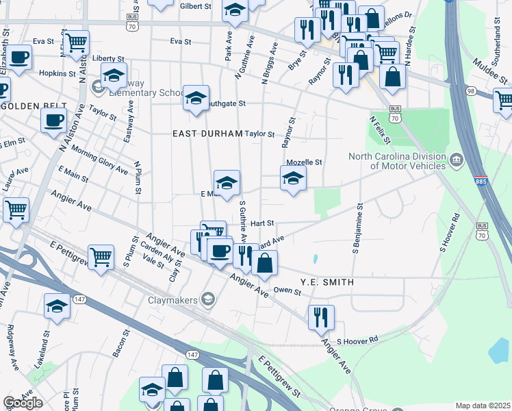 map of restaurants, bars, coffee shops, grocery stores, and more near 106 South Briggs Avenue in Durham