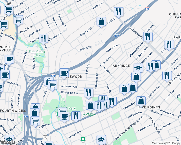 map of restaurants, bars, coffee shops, grocery stores, and more near 1807 East Glenwood Avenue in Knoxville