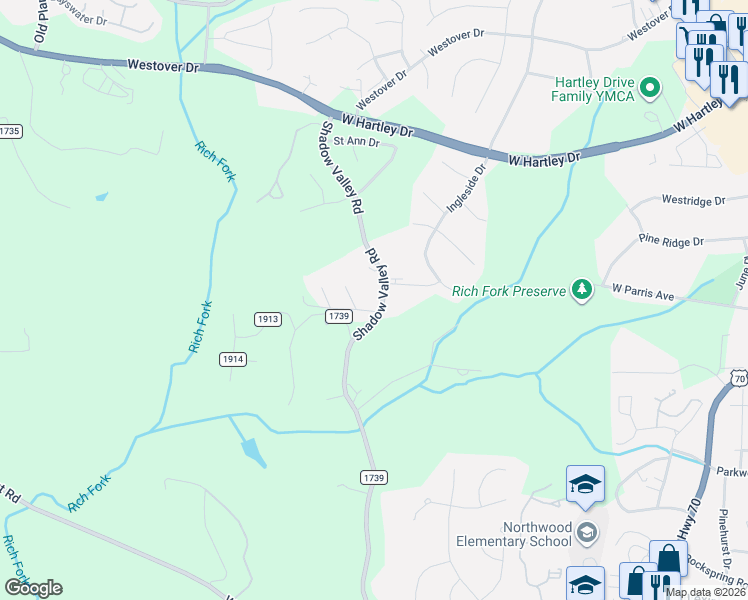 map of restaurants, bars, coffee shops, grocery stores, and more near 2215 Shadow Valley Road in High Point
