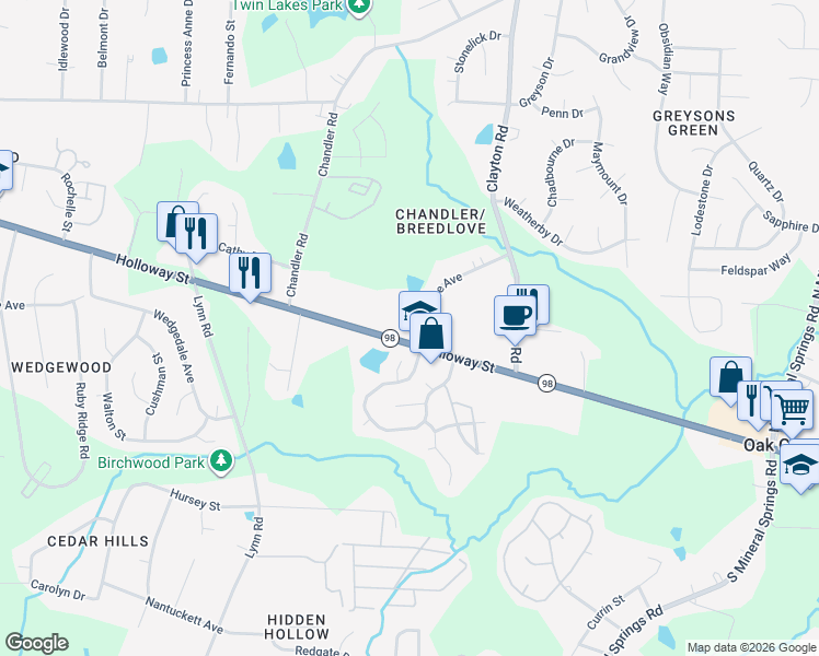 map of restaurants, bars, coffee shops, grocery stores, and more near 3211 Holloway Street in Durham
