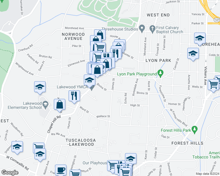 map of restaurants, bars, coffee shops, grocery stores, and more near 1420 James Street in Durham