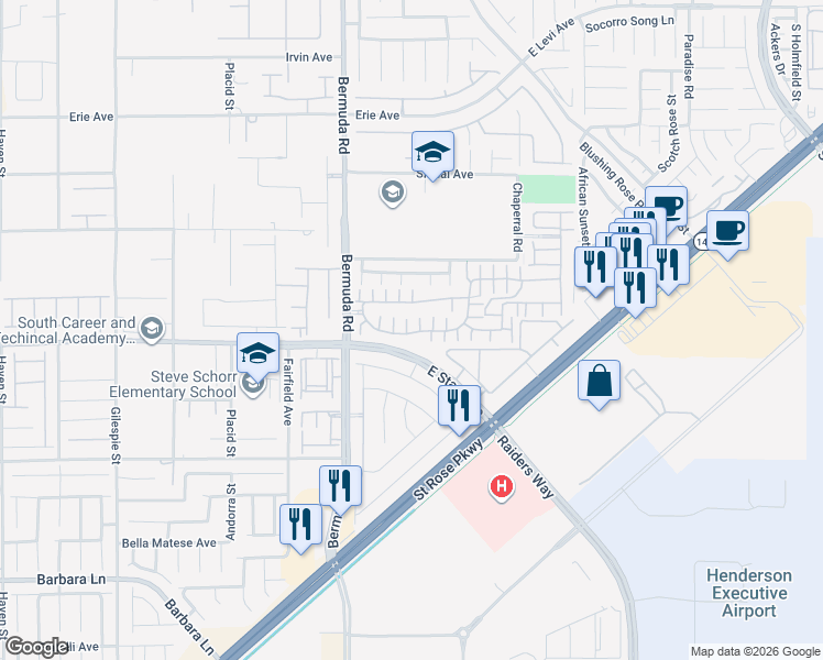 map of restaurants, bars, coffee shops, grocery stores, and more near 1180 Via Vernio in Henderson