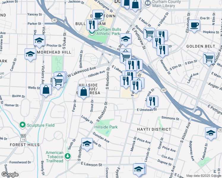 map of restaurants, bars, coffee shops, grocery stores, and more near in Durham