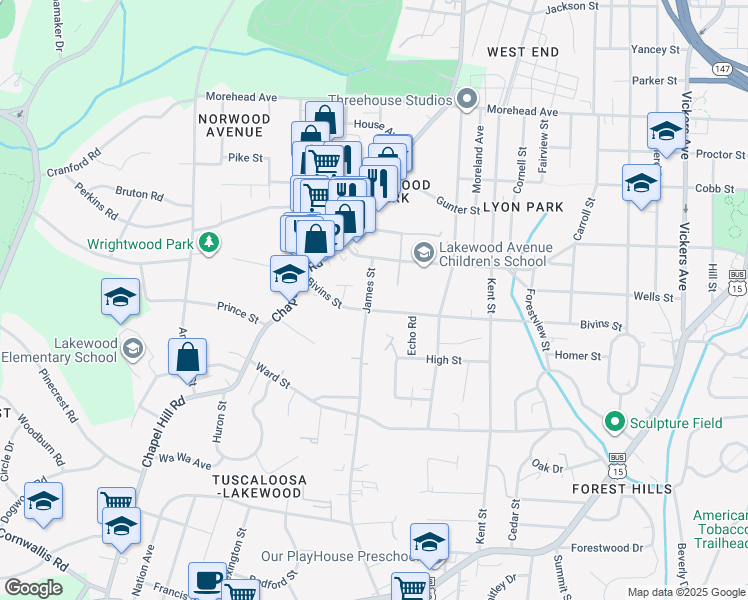 map of restaurants, bars, coffee shops, grocery stores, and more near 1419 James Street in Durham