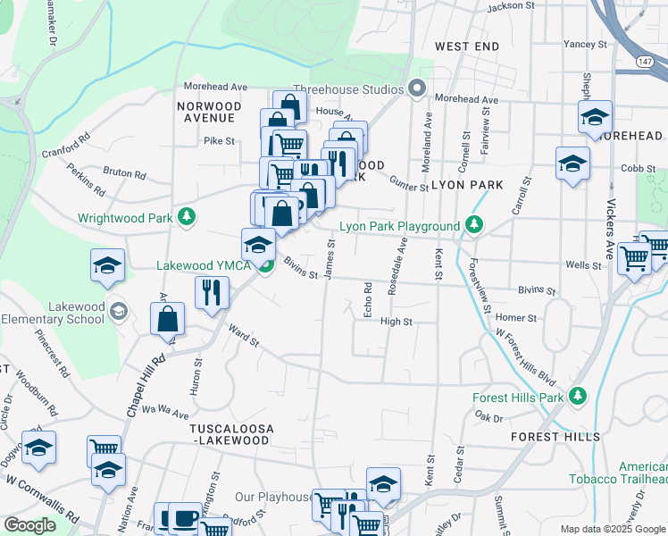 map of restaurants, bars, coffee shops, grocery stores, and more near 1419 James Street in Durham