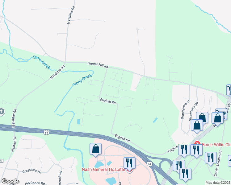 map of restaurants, bars, coffee shops, grocery stores, and more near 113 Pebble Brook Court in Rocky Mount
