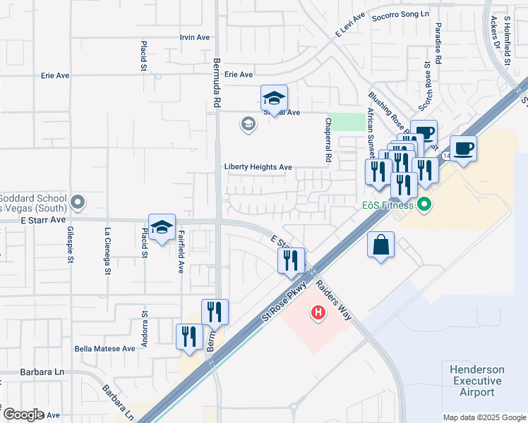 map of restaurants, bars, coffee shops, grocery stores, and more near 3741 Via Gaetano in Henderson