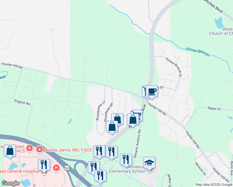 map of restaurants, bars, coffee shops, grocery stores, and more near 1132 Old Forge Road in Rocky Mount