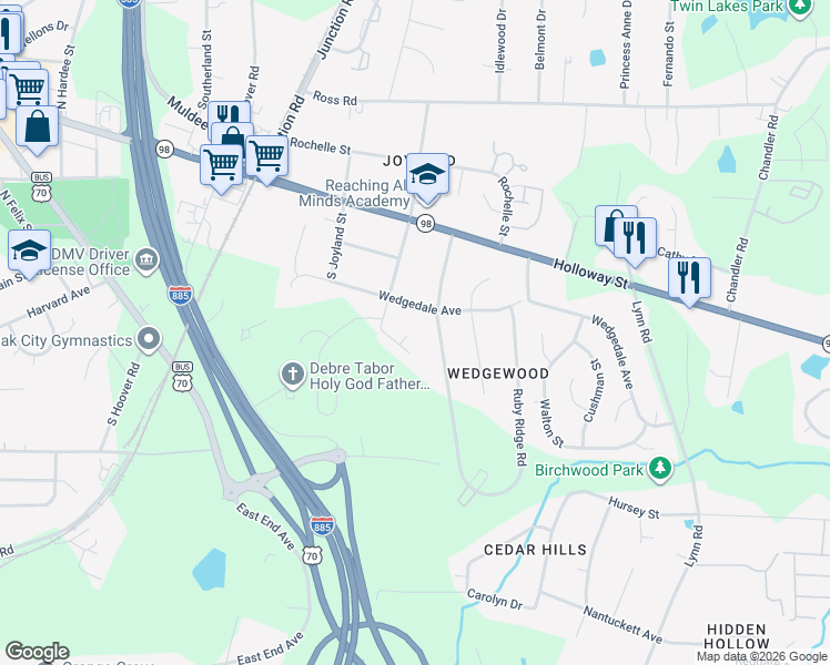 map of restaurants, bars, coffee shops, grocery stores, and more near 4 Kincaid Court in Durham