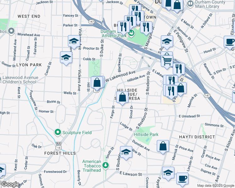 map of restaurants, bars, coffee shops, grocery stores, and more near 1000 Fargo Street in Durham