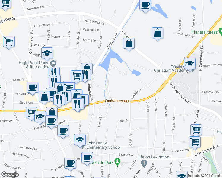 map of restaurants, bars, coffee shops, grocery stores, and more near in High Point