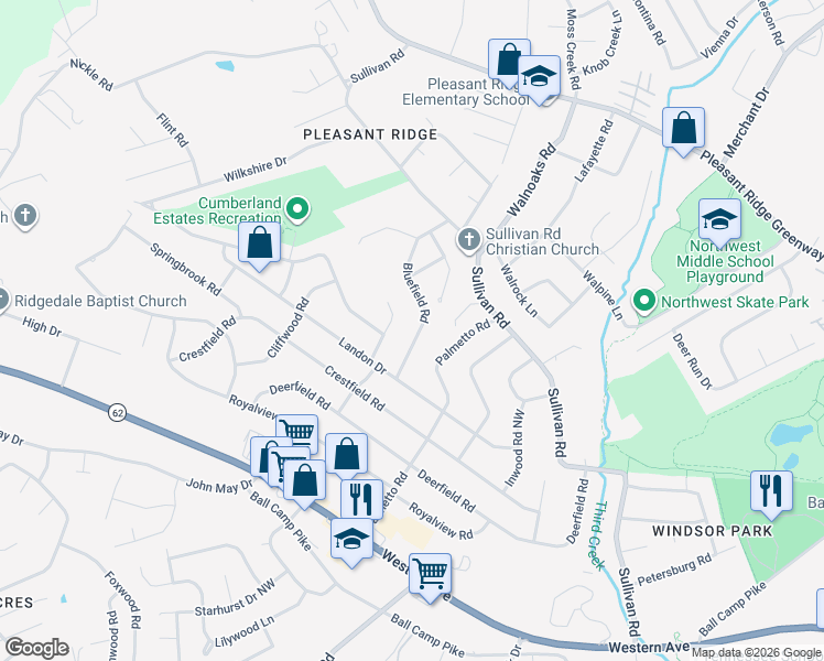map of restaurants, bars, coffee shops, grocery stores, and more near 5409 Bluefield Road in Knoxville