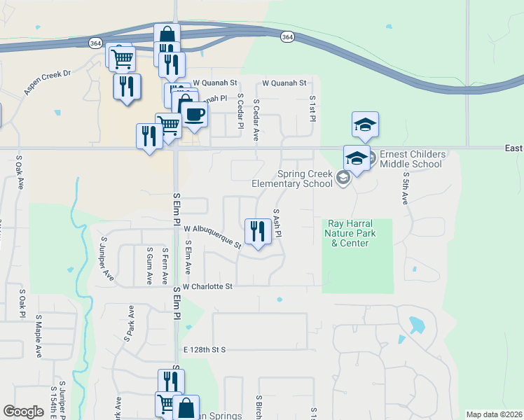 map of restaurants, bars, coffee shops, grocery stores, and more near 124 West Winston Street in Broken Arrow
