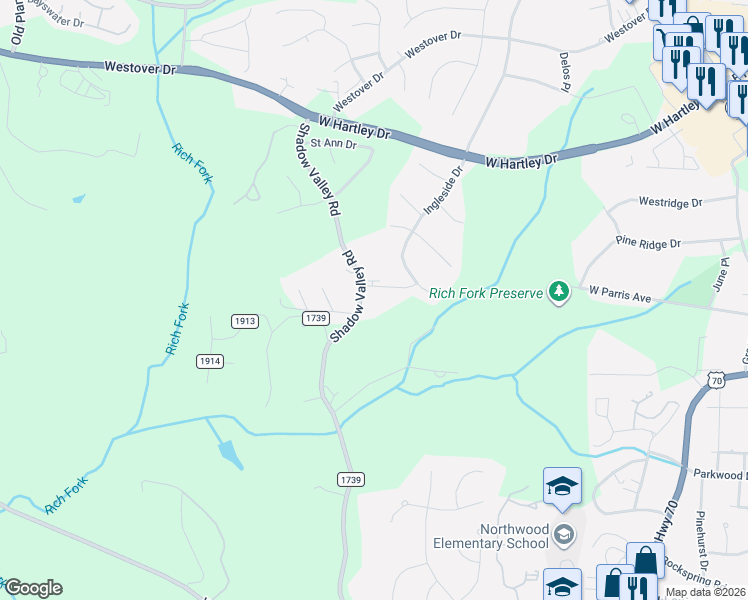map of restaurants, bars, coffee shops, grocery stores, and more near 2216 State Road 1739 in High Point