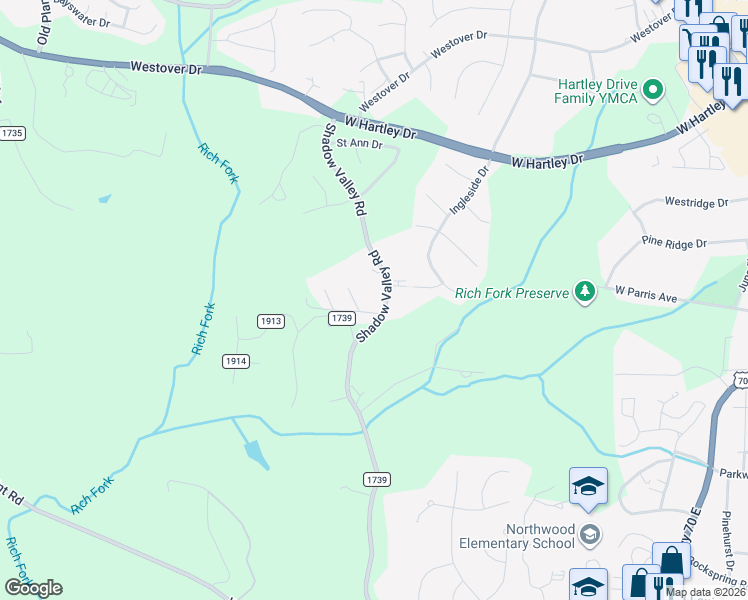 map of restaurants, bars, coffee shops, grocery stores, and more near 2215 Shadow Valley Road in High Point