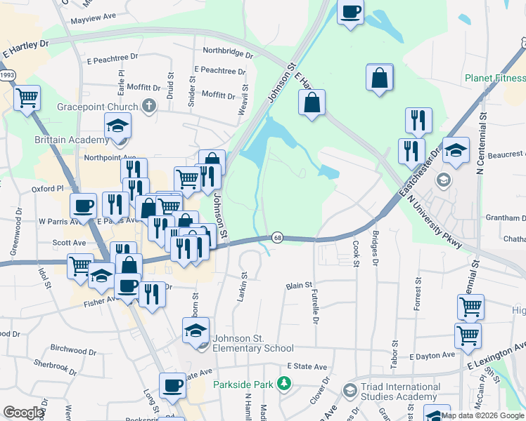 map of restaurants, bars, coffee shops, grocery stores, and more near 2118 Chester Ridge Drive in High Point
