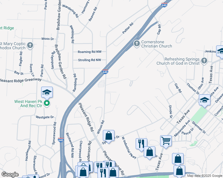 map of restaurants, bars, coffee shops, grocery stores, and more near 2100 Wilson Road in Knoxville