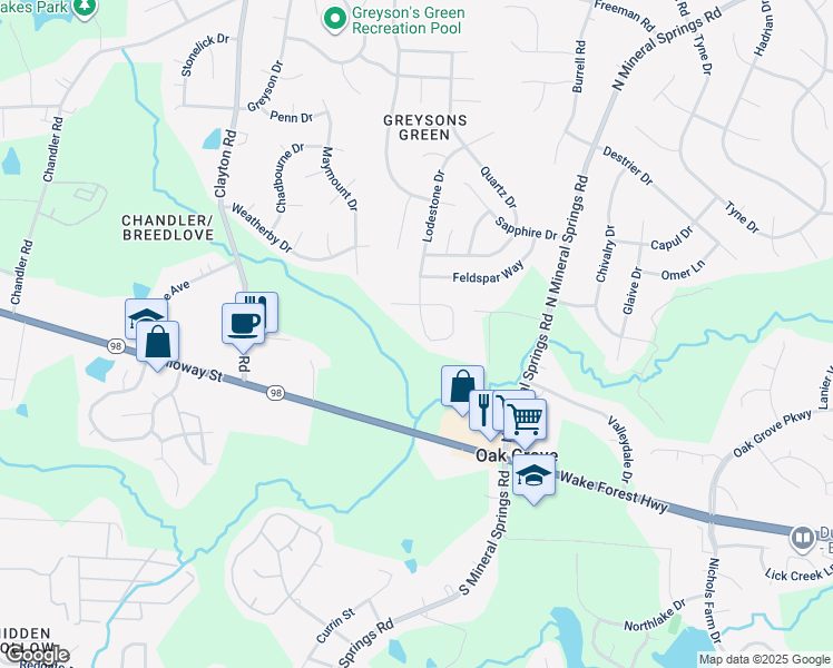 map of restaurants, bars, coffee shops, grocery stores, and more near 211 Lodestone Drive in Durham