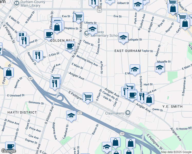 map of restaurants, bars, coffee shops, grocery stores, and more near 103 Young Avenue in Durham