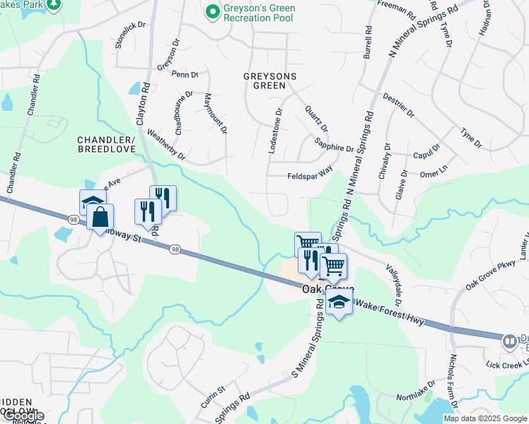 map of restaurants, bars, coffee shops, grocery stores, and more near 211 Lodestone Drive in Durham