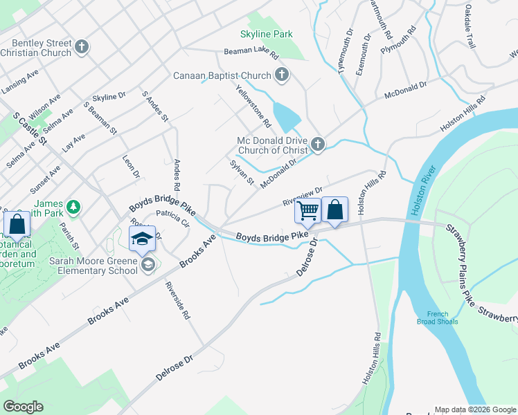 map of restaurants, bars, coffee shops, grocery stores, and more near 3516 Riverview Drive in Knoxville