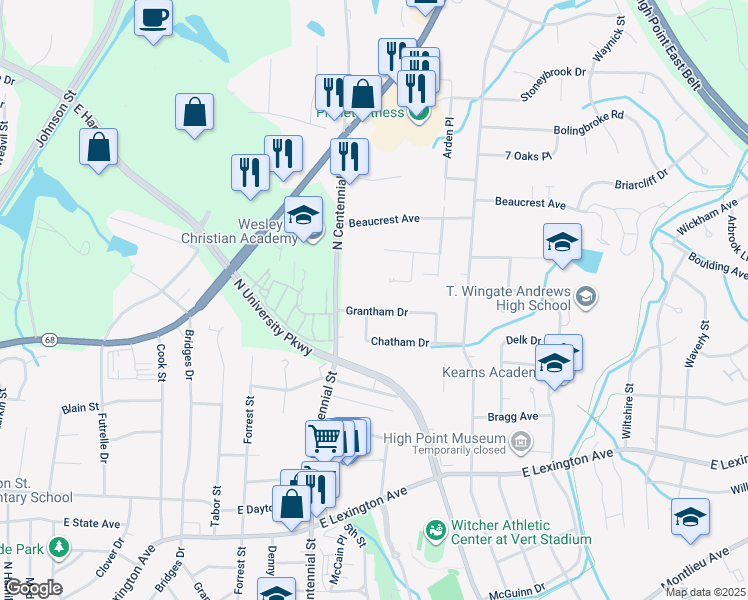 map of restaurants, bars, coffee shops, grocery stores, and more near 1401 Grantham Drive in High Point