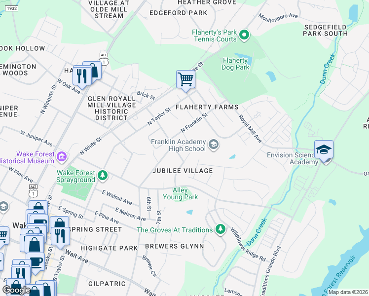 map of restaurants, bars, coffee shops, grocery stores, and more near 812 Trinity Park Drive in Wake Forest
