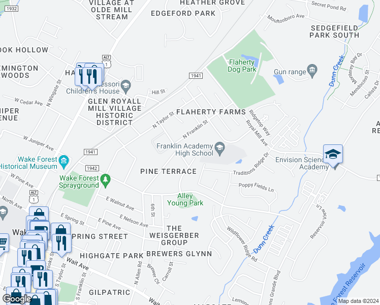 map of restaurants, bars, coffee shops, grocery stores, and more near 812 Trinity Park Drive in Wake Forest